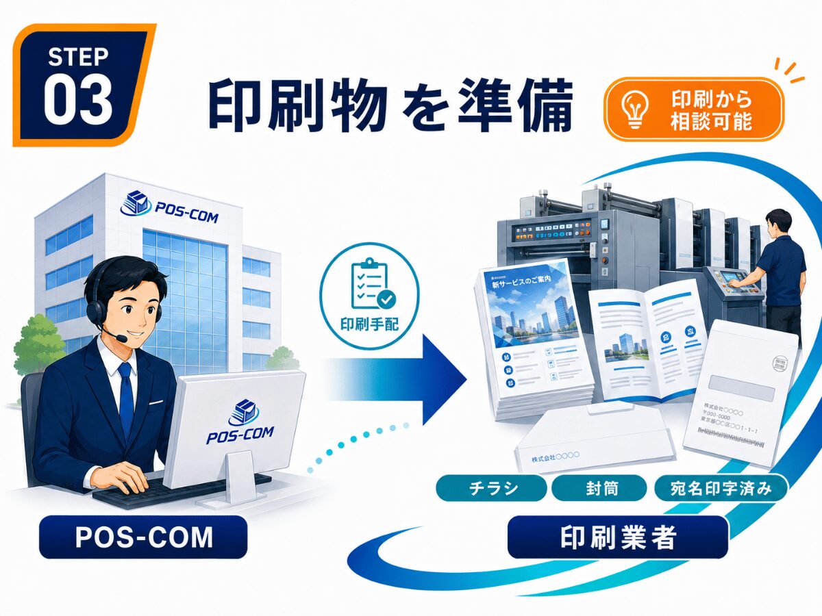 STEP 03：POS-COMが発送物や宛名データを確認し、DM発送準備を進める流れ