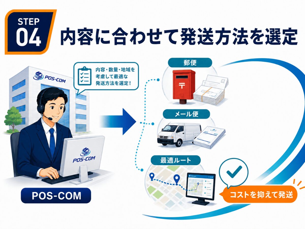 STEP 04：POS-COMがDMの差出し・発送手配を行う流れ