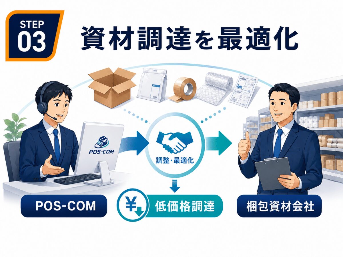 STEP 03：POS-COMが梱包資材会社と連携し資材調達を最適化する流れ